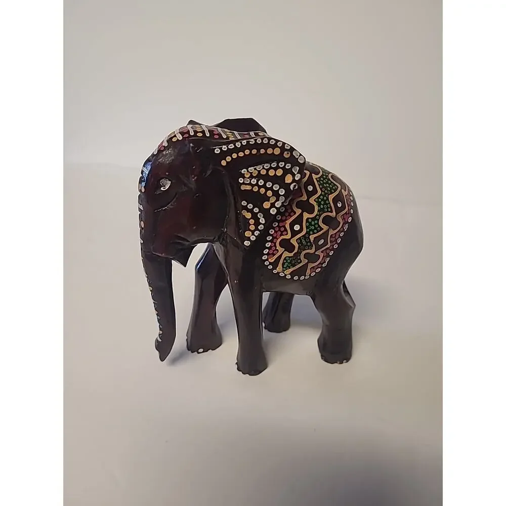 Wooden Indian Painted Elephant Figurine Dark Brown Green Pink Yellow Trunk Down